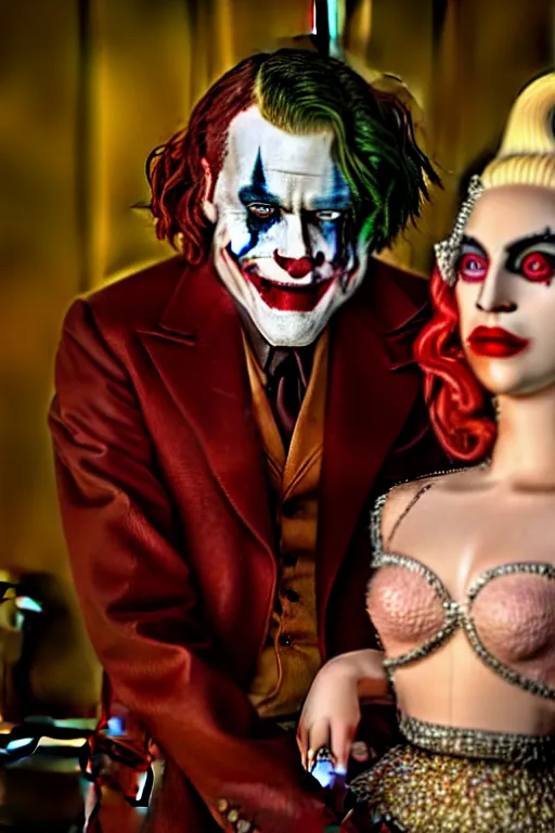 Image similar to joaquin phoenix joker with harley queen lady gaga, photorealistic, smooth, 4 k, aesthetic lighting, baroque object, sharp focus, hyperdetailed, professional photography, pullitzer winning, 8 0 0 photo by : canon eos 5 d mark iv, by karah mew and adnan abidi and jodie bateman