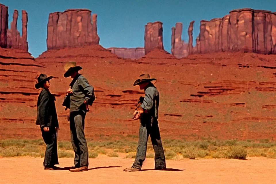 Prompt: filmstil by Sergio Leone showing duel in front of the Monument valley, western, photorealistic, cinematic atmosphere