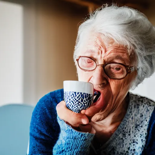 Image similar to elderly woman screaming at a cup of tea, canon eos r 3, f / 1. 4, iso 2 0 0, 1 / 1 6 0 s, 8 k, raw, unedited, symmetrical balance, wide angle