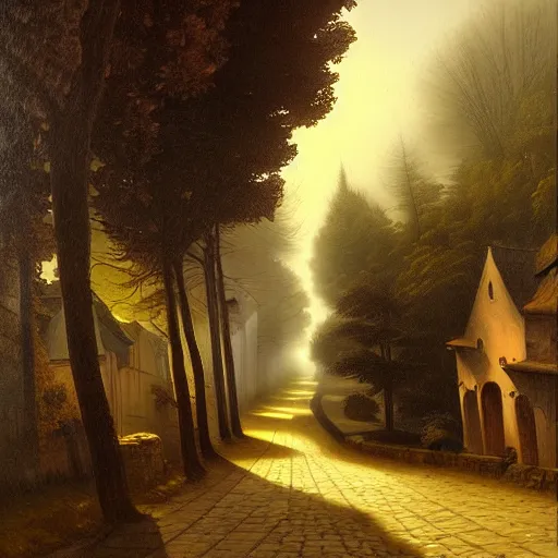 Image similar to in the style of gerald brom, caravaggio, beautiful small town, houses and buildings, 1 8 0 0 s, cobblestone roads, low light, end of day, trees, forest in the distance, light mist