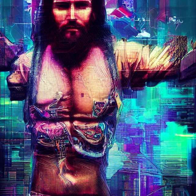 Image similar to glitch art of cyberpunk jesus h. christ trending on artstation deviantart pinterest photorealistic hd 8 k highlights and shadow detailed high resolution