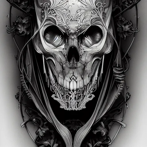 Prompt: an intricate, detailed face of the grim reaper, translucent skin, dramatic lighting, trending on artstation, art nouveau