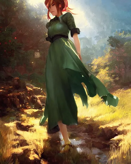 Image similar to elegant claire redfield in a green cottagecore dress, portrait, illustration, rim light, top light, summer clear blue sky, perfectly shaded, soft painting, art by krenz cushart and wenjun lin