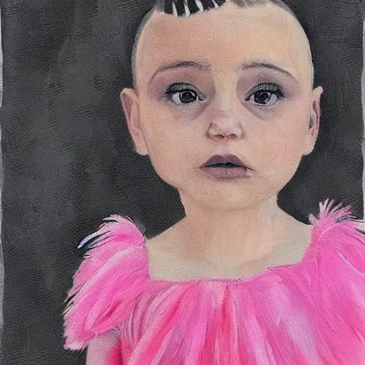 Image similar to little girl with an pink bizarre haircut wearing an dress made of black feathers, artwork made in art style ilya kushinov