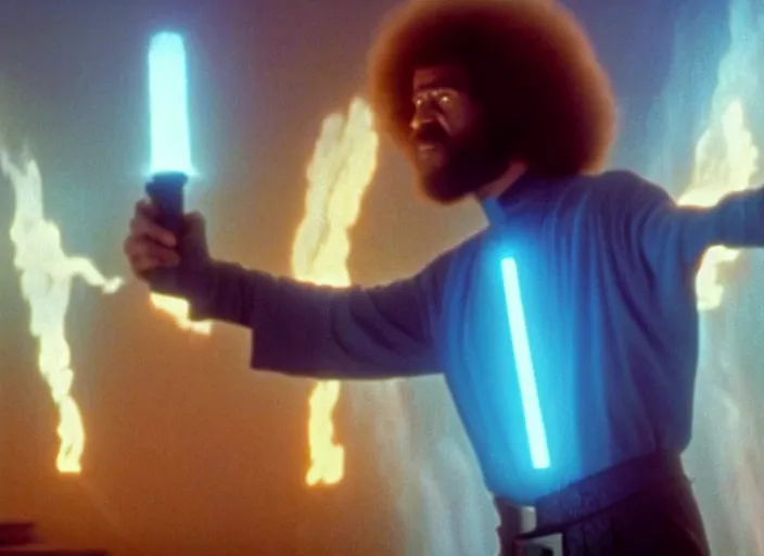 Image similar to screenshot of Bob Ross kneeling before the larger than life glowing blue spirit of qui gon jinn at a hazy lit ancient Jedi cathedral, screenshot from the 1970s star wars thriller directed by stanley kubrick, Photographed with Leica Summilux-M 24 mm lens, ISO 100, f/8, Portra 400, kodak film, anamorphic lenses