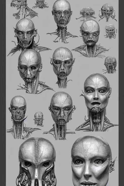 Image similar to facial anatomy with gunmetal grey skin, medical anatomy, very symmetrical face, highly detailed, mecha, three - perspective / three - view reference sheet ( front / back / side ), in the style of dan ouellette, hr giger, sil from species, dren from splice, biomechanical, artstation, unreal engine