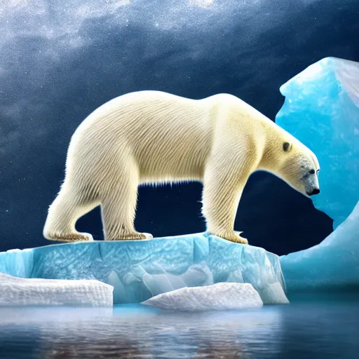 Image similar to polar bear on iceberg in marsphotorealistic, high resolution,, trending on deviantart, hdr, hyper detailed, insane details, intricate, elite, ornate, dramatic lighting