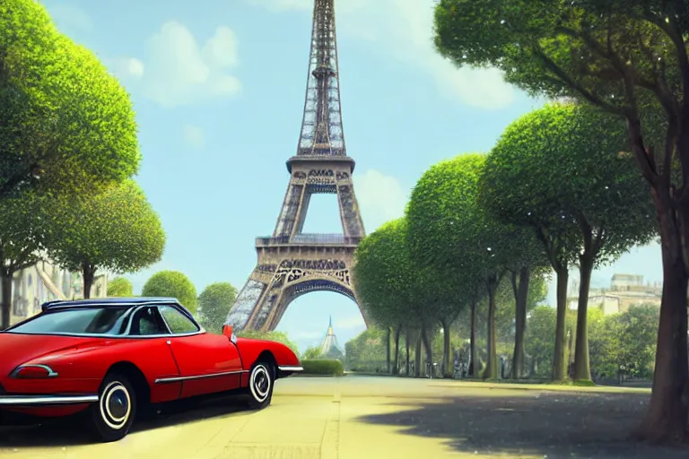 Image similar to a wholesome animation key shot of!! one!! focused! 1 9 7 4 citroen ds! in a tree lined paris street, view of eiffel tower, medium shot, studio ghibli, ( pixar ) and disney animation, sharp, very detailed, high resolution, rendered in unreal engine 5, anime key art by greg rutkowski, bloom, dramatic lighting