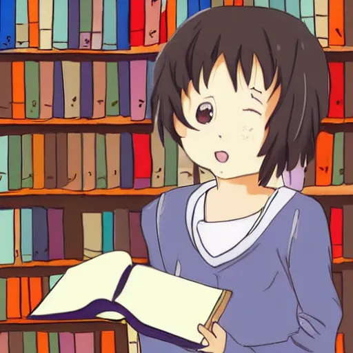 Prompt: a cute adorable phoenix fledgling learning to read in a library -anime