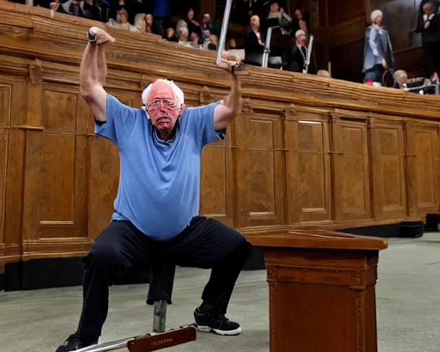 Prompt: bernie sanders deadlifting 200lb barbells, holding the barbells high above his head, in senate chambers during filibuster