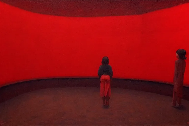 Image similar to only with red, crowd screaming, an exposed painting in a roman theater, in the style of beksinski, parts by edward hopper, parts by rodcenko, parts by yue minjun, intricate and epic composition, red by caravaggio, insanely quality, highly detailed, masterpiece, red light, artstation, 4 k