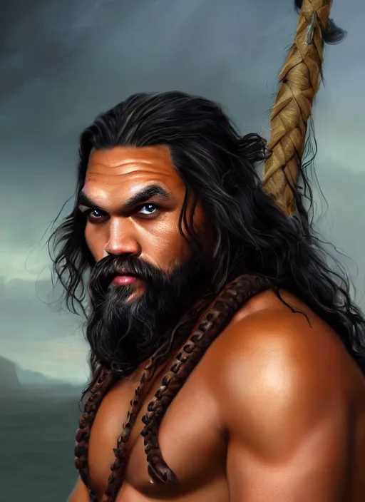 Image similar to jason momoa as khal drago by anne stokes and larry elmore, detailed matte painting, realistic portrait, symmetrical, highly detailed, digital painting, artstation, concept art, smooth, sharp focus, illustration, cinematic lighting, 8 k resolution