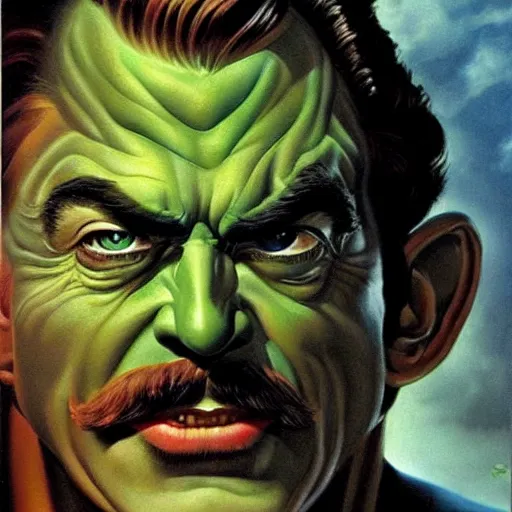 Image similar to ultra realistic head and shoulders portrait painting of tom selleck as green goblin, art by frank frazetta, 4 k, ultra realistic, highly detailed, epic lighting