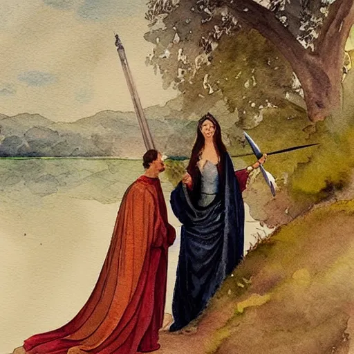 Image similar to “watercolor painting of the lady of the lake giving the sword to King Arthur, 8k”