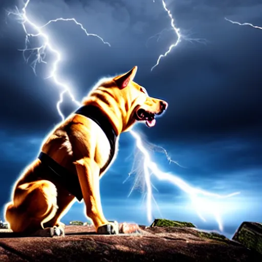 Prompt: a canine thor holding hammer with its paw, dramatic lightning background
