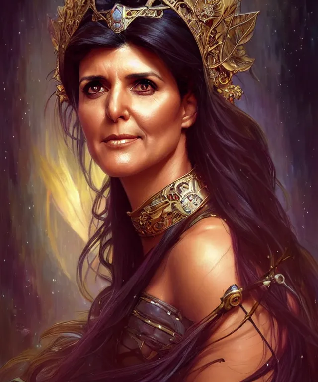 Image similar to Nikki Haley as a fantasy magic woman portrait, sci-fi, amber eyes, face, long hair, fantasy, intricate, elegant, highly detailed, digital painting, artstation, concept art, smooth, sharp focus, illustration, art by artgerm and greg rutkowski and alphonse mucha