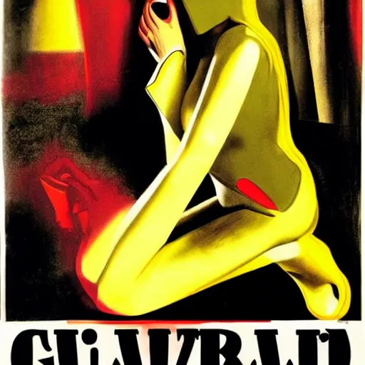Prompt: giallo movie poster featuring beautiful woman, masked man, knife, italian horror, sharp focus, smooth, psychedelic