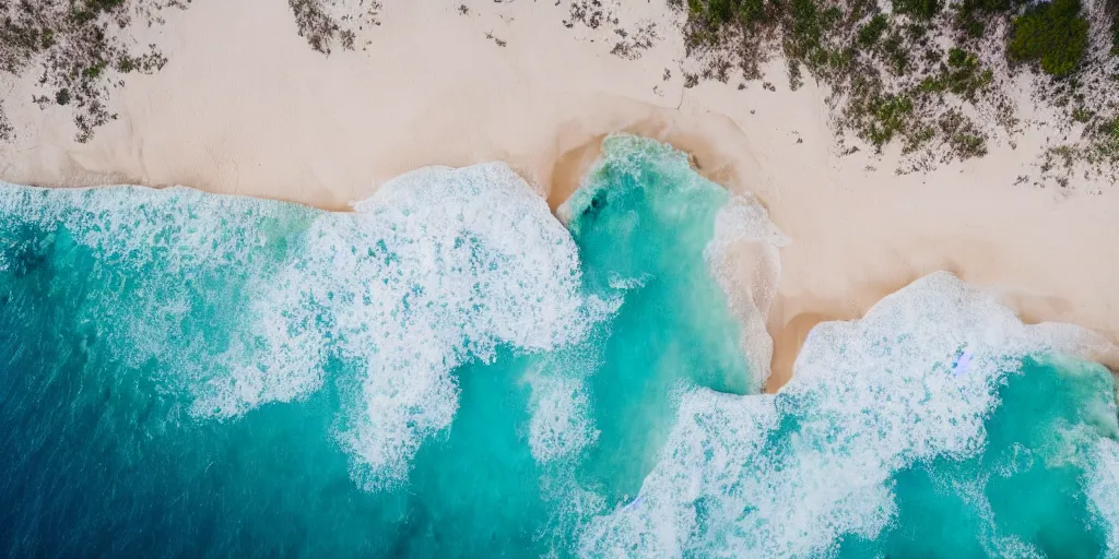 Image similar to arial shot of the beach with waves rolling in, azure blue water, white sand, slight grain