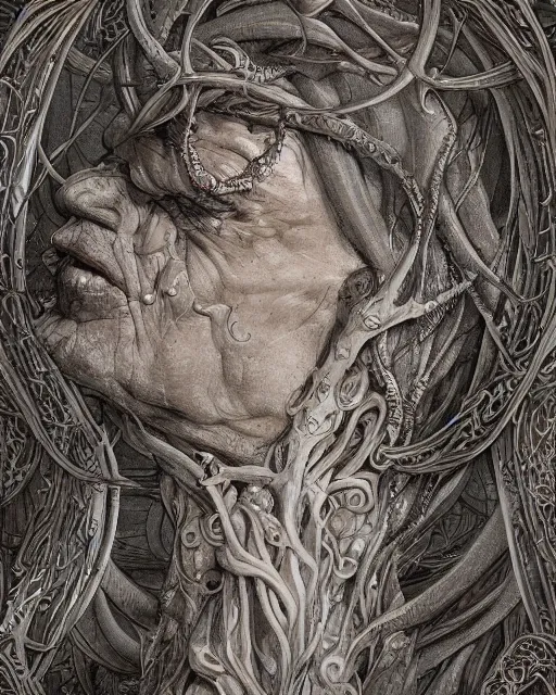 Prompt: centered beautiful detailed side view profile portrait of a insane old man, ornate tentacles growing around, ornamentation, thorns, vines, tentacles, elegant, beautifully soft lit, full frame, by wayne barlowe, peter mohrbacher, kelly mckernan, h r giger