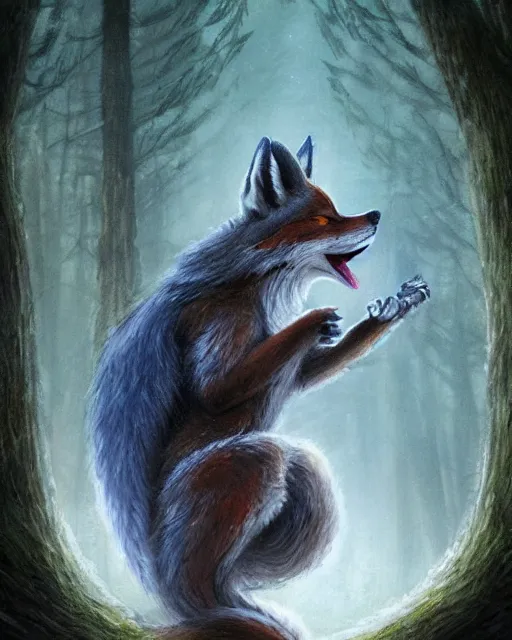 Prompt: Fox, Anthropomorphized, singing in forest, portrait, wearing hat, magical notes, fairy atmosphere, magic the gathering artwork, D&D, fantasy, cinematic lighting, centered, symmetrical, highly detailed, digital painting, artstation, concept art, smooth, sharp focus, illustration, volumetric lighting, epic Composition, 8k, art by Akihiko Yoshida and Greg Rutkowski and Craig Mullins, oil painting, cgsociety