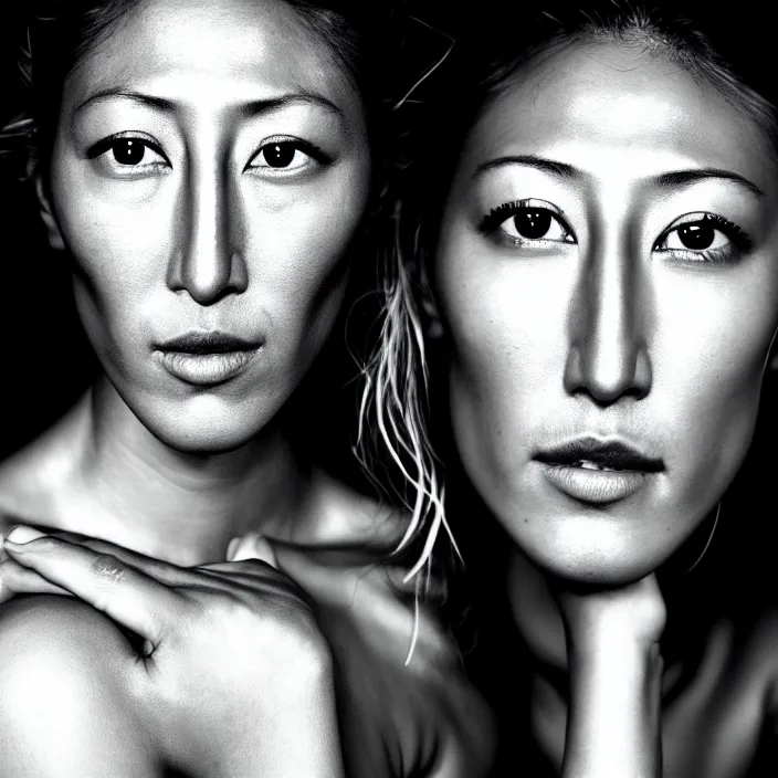 Image similar to photography face portrait on a tropical wallpaper background of a beautiful woman like dichen lachman, black and white photography portrait, skin grain detail, high fashion, studio lighting film noir style photography, by richard avedon, and paolo roversi, nick knight, hellmut newton,