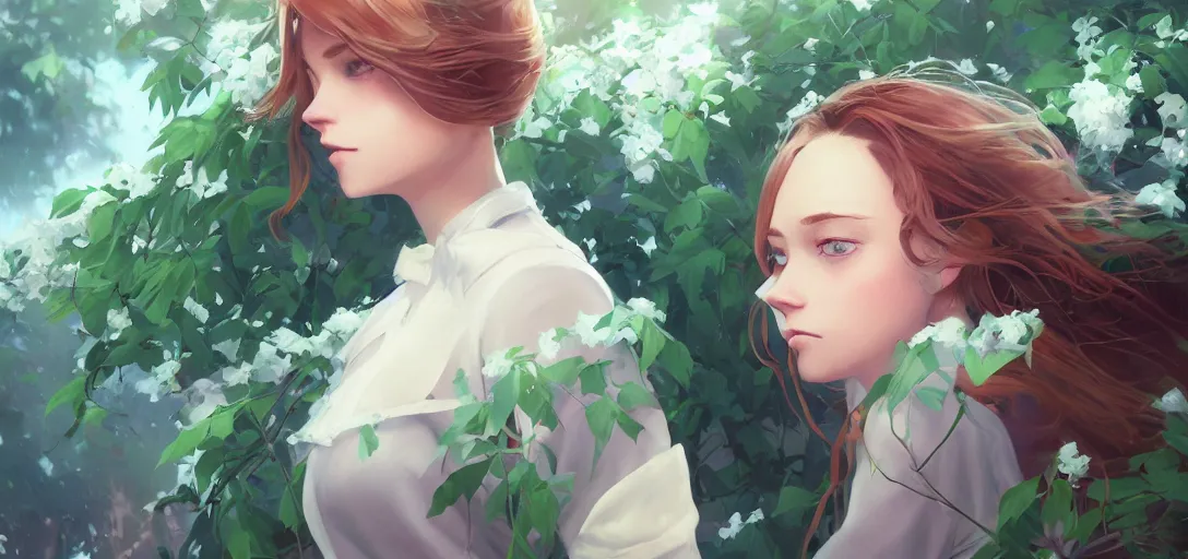 Prompt: a beautiful southern woman named Savannah, innocent, somber turquoise eyes, freckles, long ginger hair tied with white ribbon, sad under a wisteria plant, gentle lighting, storm in the distance, western clothing, dress, digital art by Makoto Shinkai ilya kuvshinov and Wojtek Fus, digital art, concept art,