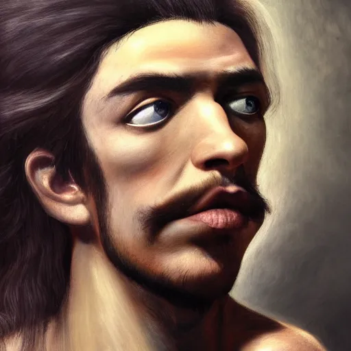 Prompt: a highly detailed radiosity 3d render of a man's face with long hair, an airbrush painting by David Alfaro Siqueiros, featured on pixiv, metaphysical painting, airbrush art, grotesque, wiccan, unreal engine 5, unreal engine, cryengine