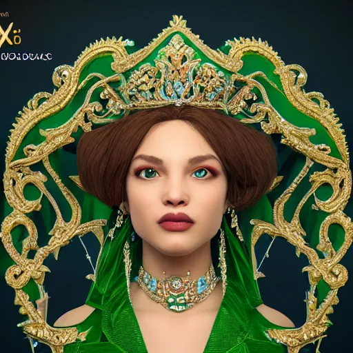 Image similar to portrait of wonderful princess of emeralds with fair skin, ornate, 8 k, gorgeous, intricate, detailed, accent lighting, dramatic lighting, octane render