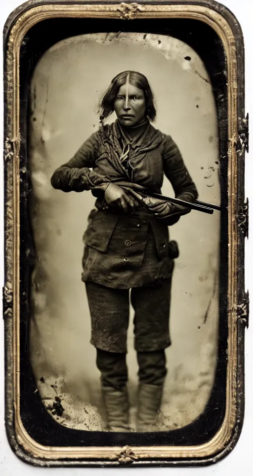 Prompt: a highly detailed wet plate photograph, a portrait of a female hunter holding a rifle