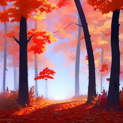 Image similar to goro fujita ilustration a forest full of leaves on the ground, tall autumn trees that let in small streaks of light to the ground, painting by goro fujita, sharp focus, highly detailed, artstation