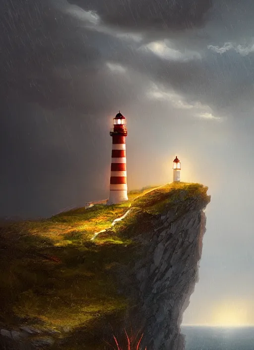 Image similar to light house on a cliff in a thunderstorm at night, dramatic lighting, cinematic, establishing shot, extremly high detail, photo realistic, cinematic lighting, post processed, concept art, artstation, matte painting, style by eddie mendoza, raphael lacoste, alex ross