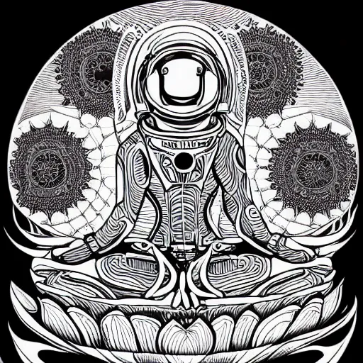 Prompt: meditating astronaut sitting in a lotus flower, psychedelic illustration by Aaron Horkey, photorealism, intricate, line-drawing, black ink on white paper