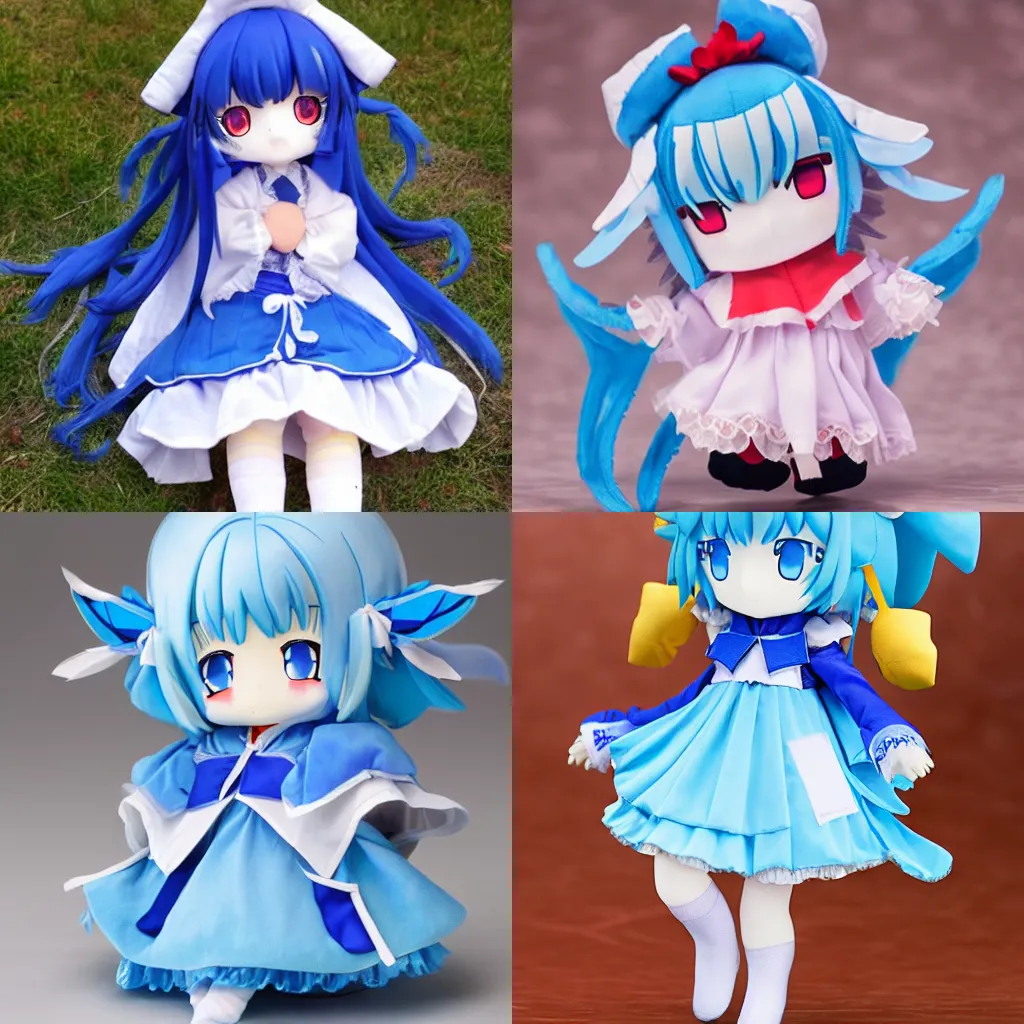 Prompt: Cirno from Touhou, fumo plush doll,