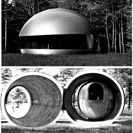 Image similar to a spaceship designed by eero saarinen, wood texture, trees visible through round windows