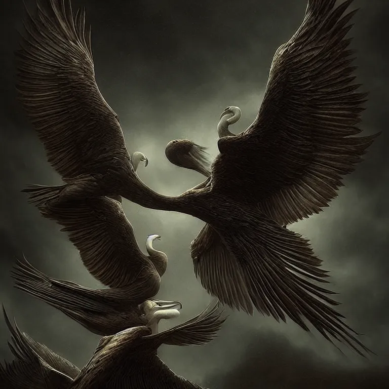 Image similar to epic professional digital art of winged smooth bodied avians, moody atmospheric lighting, painted, intricate, detailed, foreboding, by leesha hannigan, wayne haag, reyna rochin, ignacio fernandez rios, mark ryden, iris van herpen,, epic, stunning, gorgeous, much wow, cinematic, masterpiece.