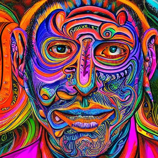 Image similar to high detailed psychedelic painting of a traditional artist fighting an digital ai artist