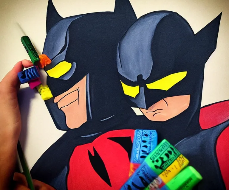 Image similar to “ treacher collins batman eating crayons from the box, photorealistic, hyperrealism, 8 k ”