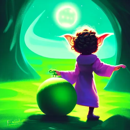 Image similar to curled perspective digital art of curly brown hair baby girl playing ball with yoda by anton fadeev from nightmare before christmas