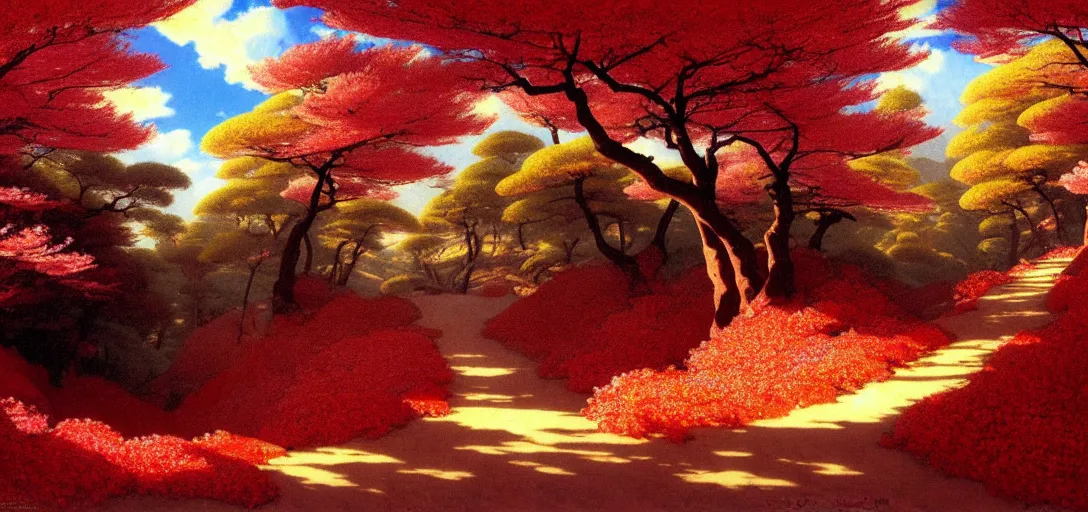 Image similar to ghibli illustrated luminism background of a trail leading through a strikingly beautiful landform with strange rock formations and blood red waterfall, fallen leaves blow in the wind and cherry blossoms by vasily polenov, eugene von guerard, ivan shishkin, albert edelfelt, john singer sargent, albert bierstadt 4 k