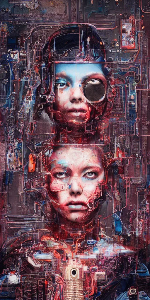 Prompt: portrait of computer & circuits, melting, ghost, 8 k, by tristan eaton, stanley artgermm, tom bagshaw, greg rutkowski, carne griffiths, ayami kojima, beksinski, giger, trending on deviantart, face enhance, hyper detailed, minimalist, cybernetic, android, blade runner, full of colour, super detailed