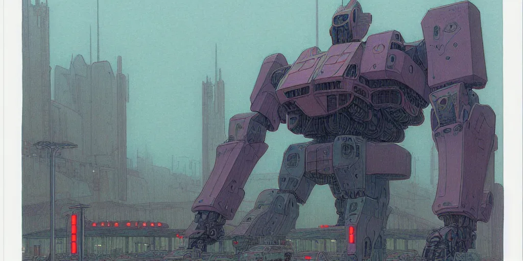 Prompt: grainy risograph matte painting of gigantic huge mech with huge swords, pastel matte colors, staying in the foggy huge parking station, by moebius, hyperrealism, intricate detailed