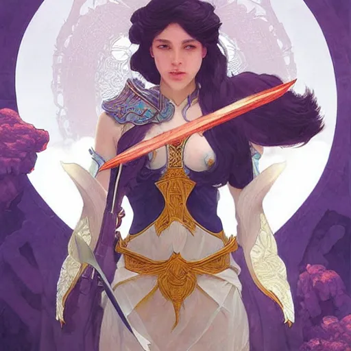 Prompt: breathtaking epic fantasy portrait of a female fighter in epic fantasy arena,, sunny weather, intricate, matte, sharp focus, illustration, art by Artgerm and Hsiao-Ron Cheng and Alphonse Mucha,, RPG portrait