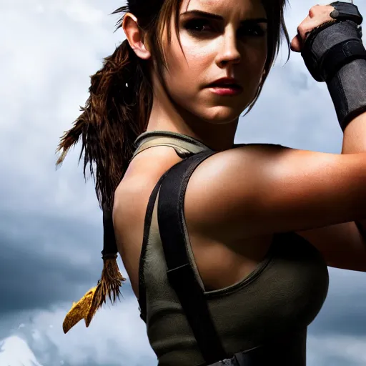 Image similar to Lara Croft cosplay by Emma Watson, 8k, professional photography, cinematic studio shot, dark, smoke