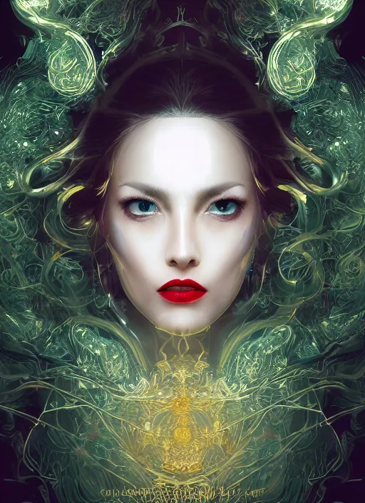 Image similar to glowing silver and golden elements, full close-up portrait, vector dark witch from unsplash, book cover, green forest, white moon, red lips, establishing shot, extremly high detail, photo-realistic, cinematic lighting, pen and ink, intricate line drawings, by Yoshitaka Amano, Ruan Jia, Kentaro Miura, Artgerm, post processed, concept art, artstation, matte painting, style by eddie mendoza, raphael lacoste, alex ross