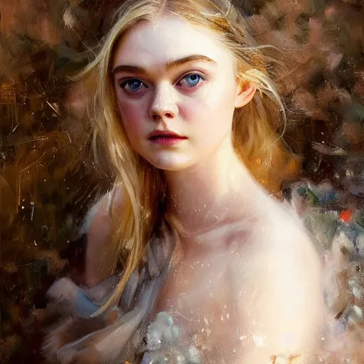 Image similar to professional painting of Elle Fanning in the style of Daniel F. Gerhartz, head and shoulders portrait, symmetrical facial features, smooth, sharp focus, illustration, intricate, stormy weather, extremely detailed masterpiece,