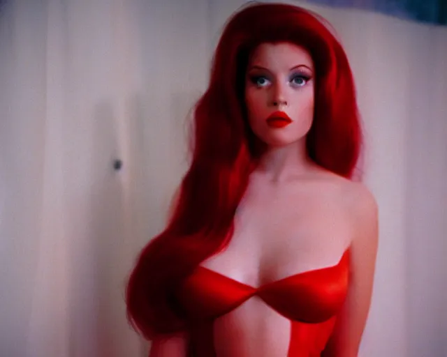 Prompt: a young actress who is Jessica Rabbit, scene from a 1988 movie, 4K, Cinestill 800t
