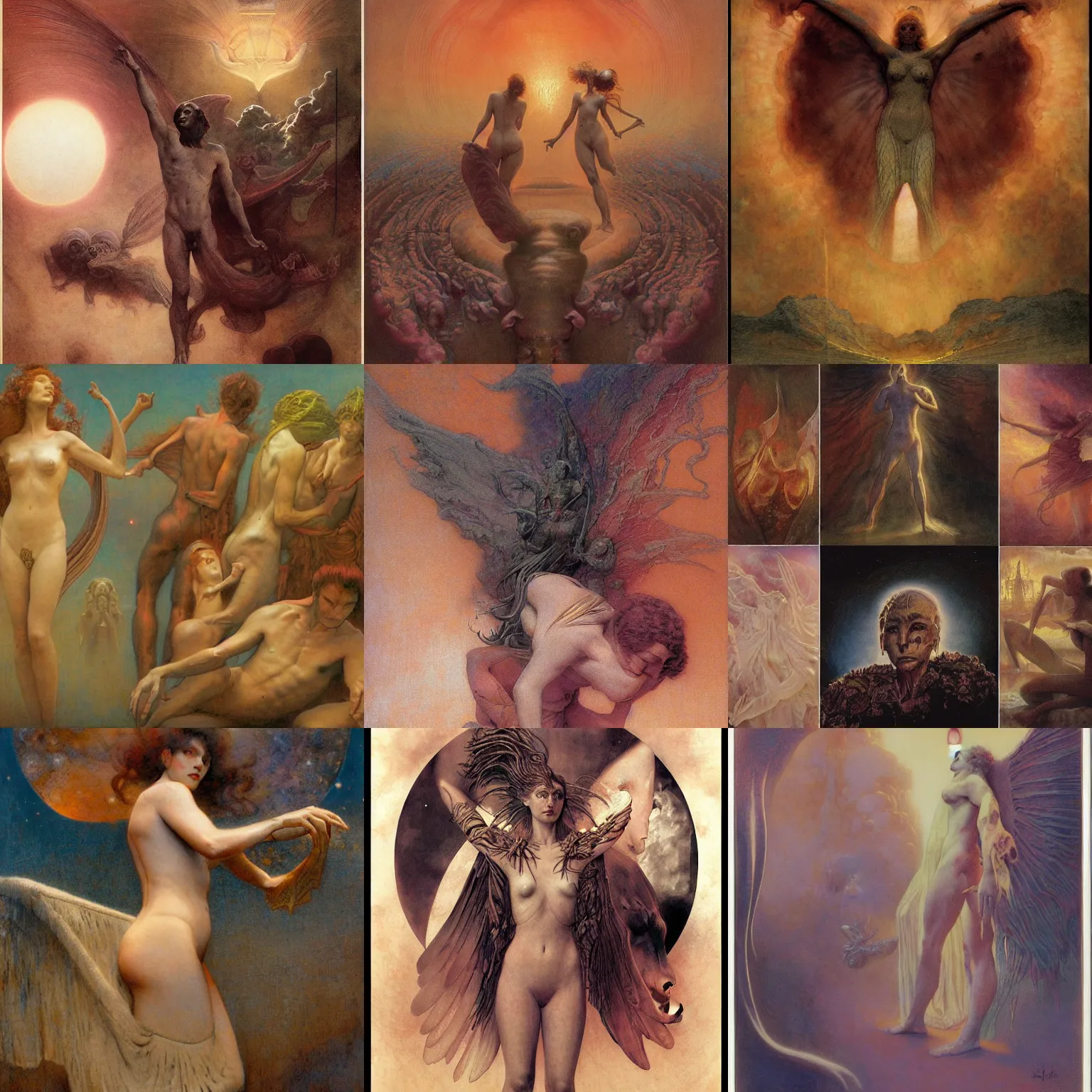 Prompt: ethereal sunset, by wayne barlowe, by gustav moreau, by goward, by gaston bussiere, by roberto ferri, by santiago caruso, by luis ricardo falero, by austin osman spare, by saturno butto
