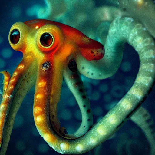 Image similar to fiery whimsical emotional eyes cephalopod, in a photorealistic macro photograph with shallow dof, in the deepest seas of the unconscious psyche