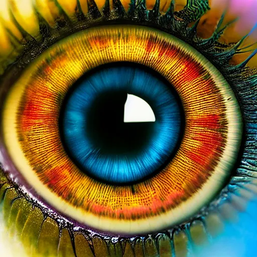 Image similar to closeup of iris of an eye, colorful, hyper - detailed, sharp, macro, realistic, psychedelic