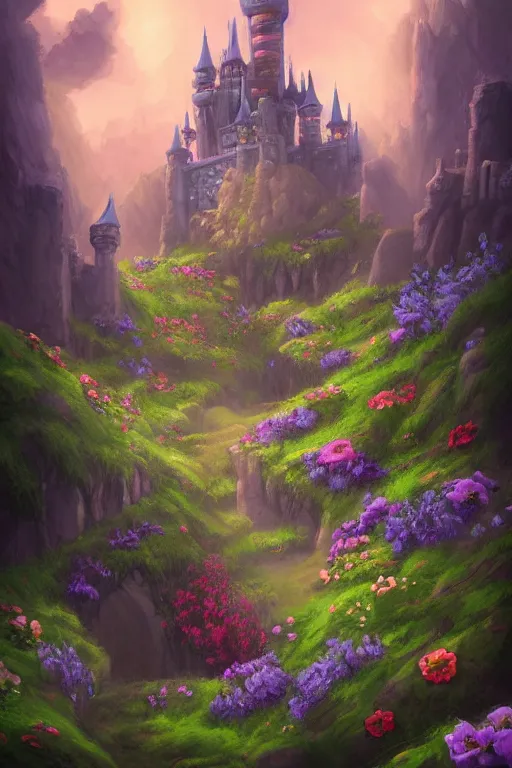 Prompt: fantasy castle flowers and fantasy sky, andreas rocha style